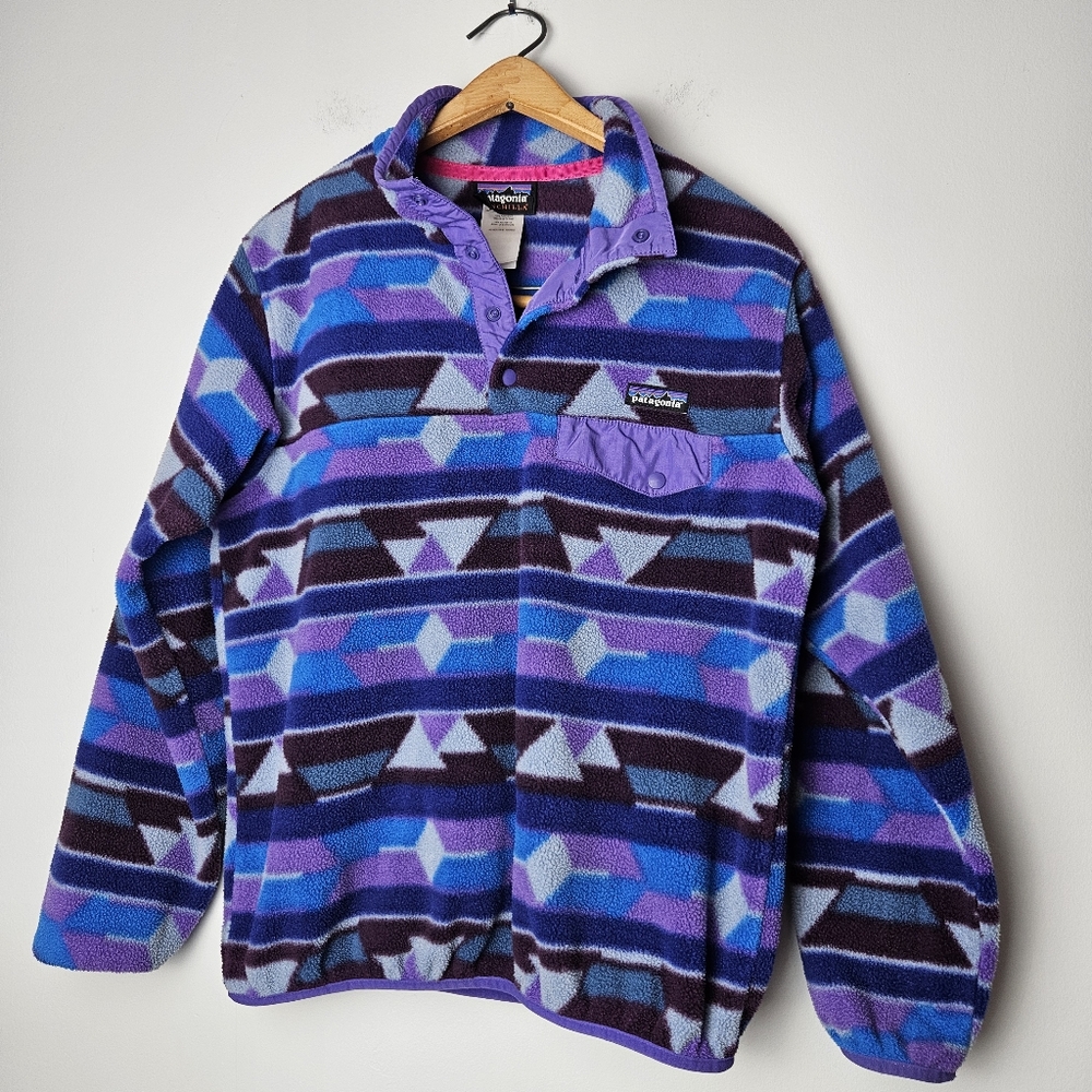 PATAGONIA SYNCHILLA snap- t fleece purple blue geometric‎ tribal pattern y2k M